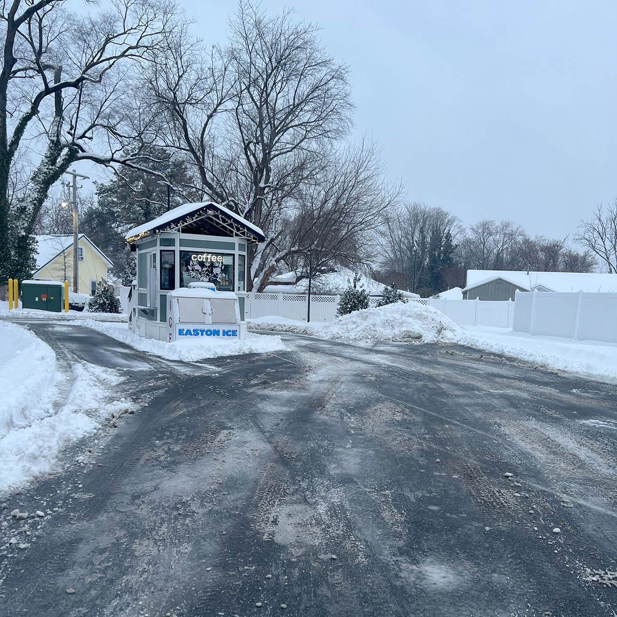 A newly plowed snowy street